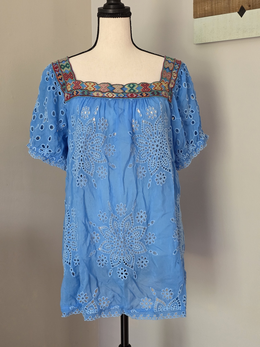 Johnny Was Sky Blue Eyelet Embroidered Square-Neck Blouse with Multicolor Trim